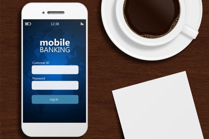 mobile banking app with coffee cup