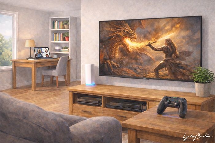 fast broadband illustrated with home working, streaming and gaming