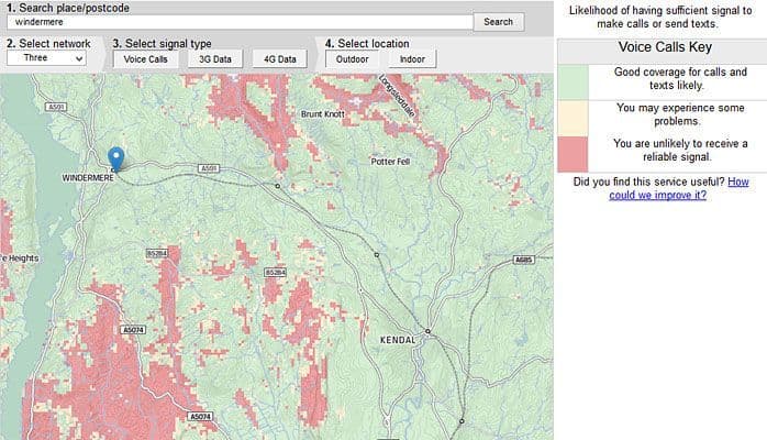 Ofcom mobile signal map of Kendal