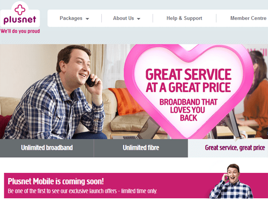 Plusnet Mobile advertised on Plusnet's site