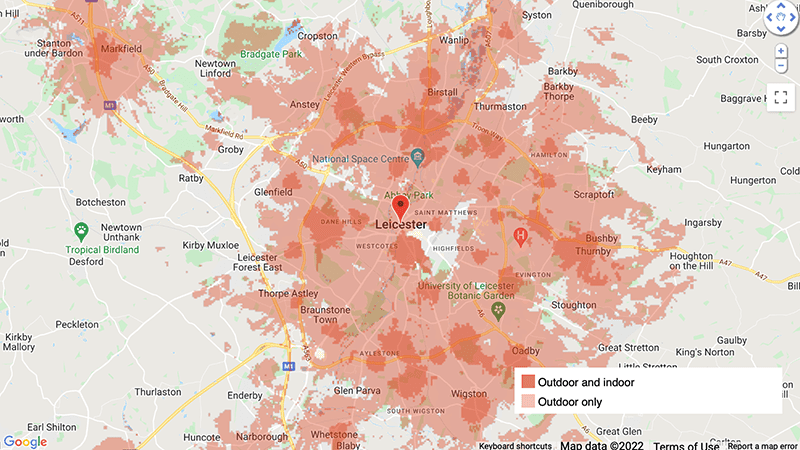Leicester Three 5G coverage 2022