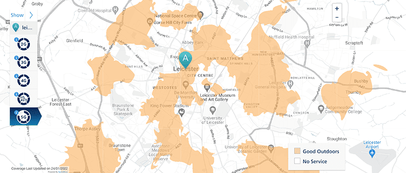Leicester O2 5G coverage 2022