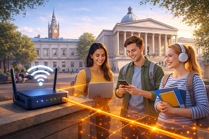 london students using the internet outside